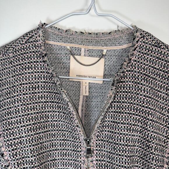 Rebecca Taylor Tweed Jacket Size 4 Zip Front Fringe Trim Pink Workwear Blazer - Picture 5 of 11
